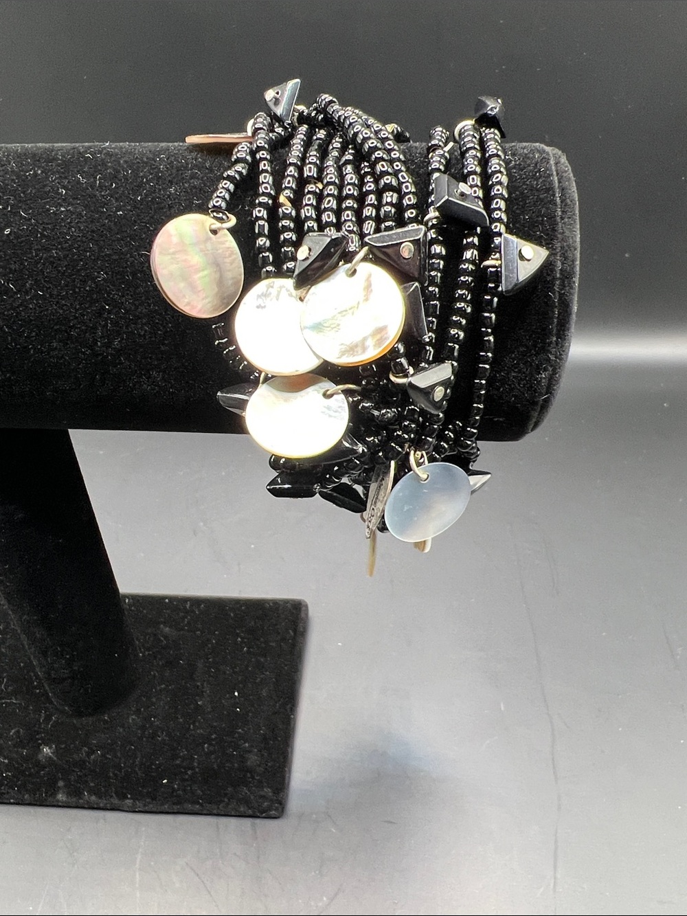 Coldwater Creek Black Beaded Stretch Bracelet with Iridescent Shell Discs